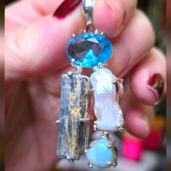 Natural Kharma by Avelon Jewelry - Blue topaz Kyanite Pearl & Larimar sterling silver pendant